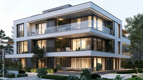 Modern Luxury Three-Story Apartment Building with Balconies at Dusk