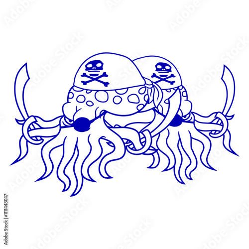 Two Evil Octopus Pirate Cephalopod 2 Team Squid Design Lover Art Vector Illustration Card T-Shirt Poster Sticker Graphic Print Decorative Drawing Isolated Logo Decoration Symbol Creative Cool Style
