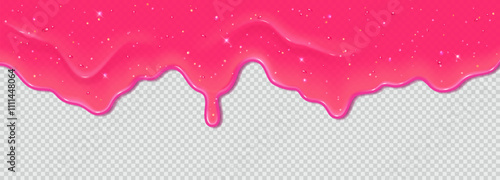 Realistic 3D dripping glossy pink slime with glitter isolated on transparent background. Border of flowing sticky sweet jelly. Vector template of chewing gum, cream or caramel icing for cake or donut