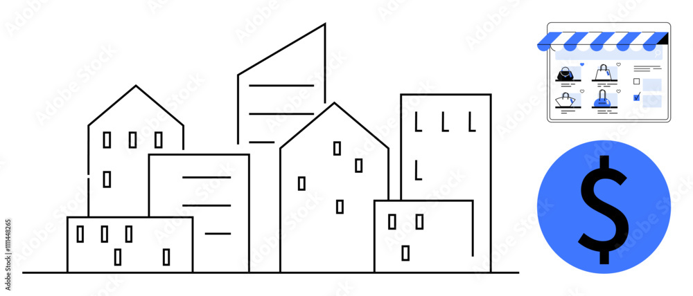 City skyline with storefront displaying online interface and dollar sign. Ideal for urban development, e-commerce, real estate marketing, financial services, modern business, city planning, digital City skyline with storefront displaying online interface and dollar sign. Ideal for urban development, e-commerce, real estate marketing, financial services, modern business, city planning, digital