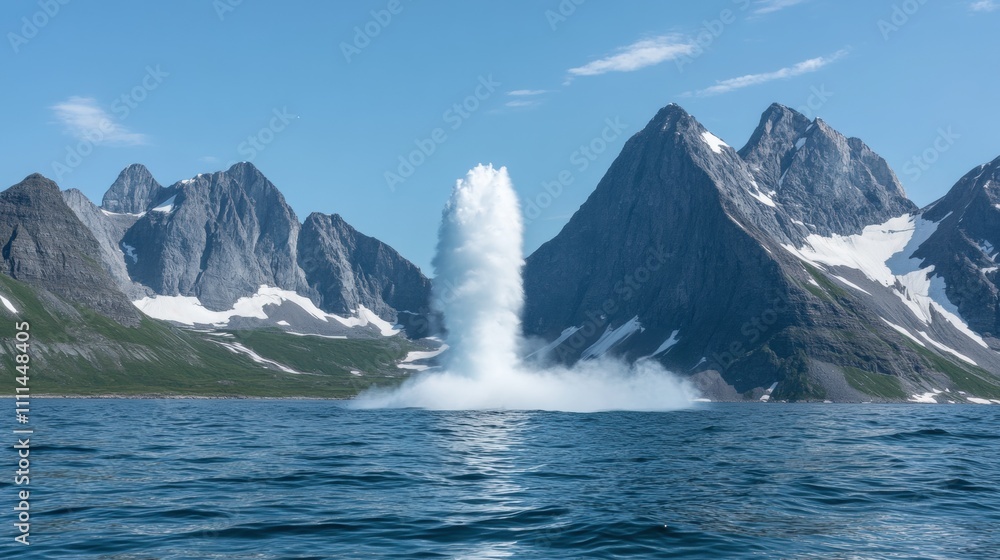 Majestic Water Geyser Erupting from Arctic Ocean Amidst Dramatic Rocky Mountain Landscape under Clear Blue Skies Majestic Water Geyser Erupting from Arctic Ocean Amidst Dramatic Rocky Mountain Landscape under Clear Blue Skies