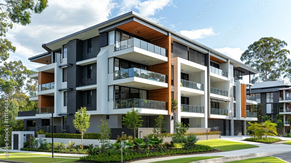 Modern Architectural Multi-Unit Residential Building in Suburban Setting Modern Architectural Multi-Unit Residential Building in Suburban Setting