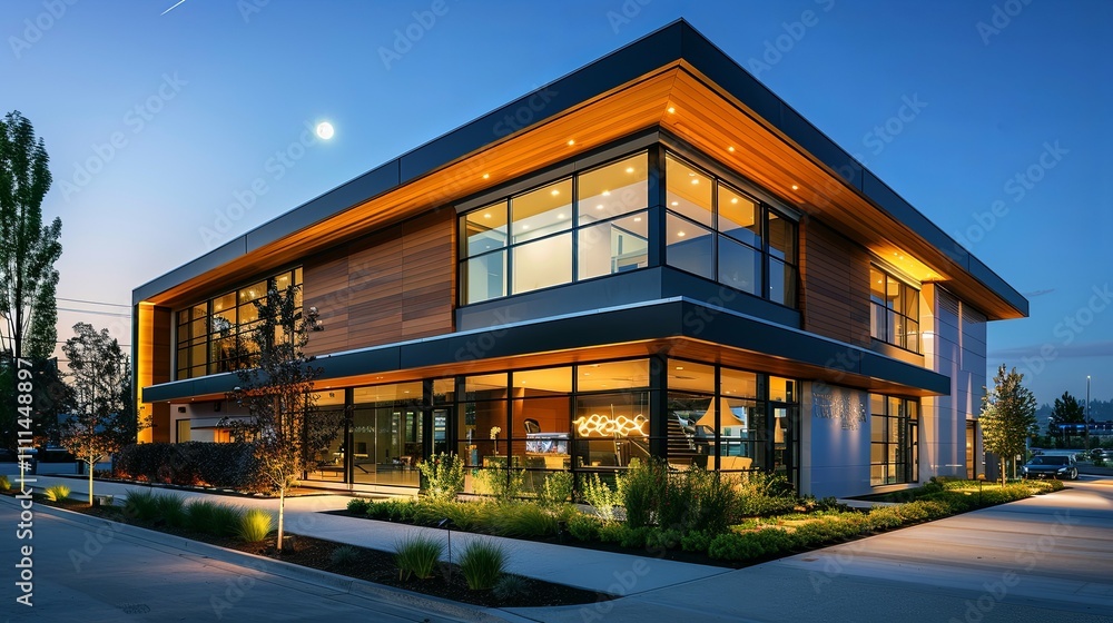 Modern illuminated commercial building at dusk, featuring wood siding and expansive windows. Modern illuminated commercial building at dusk, featuring wood siding and expansive windows.