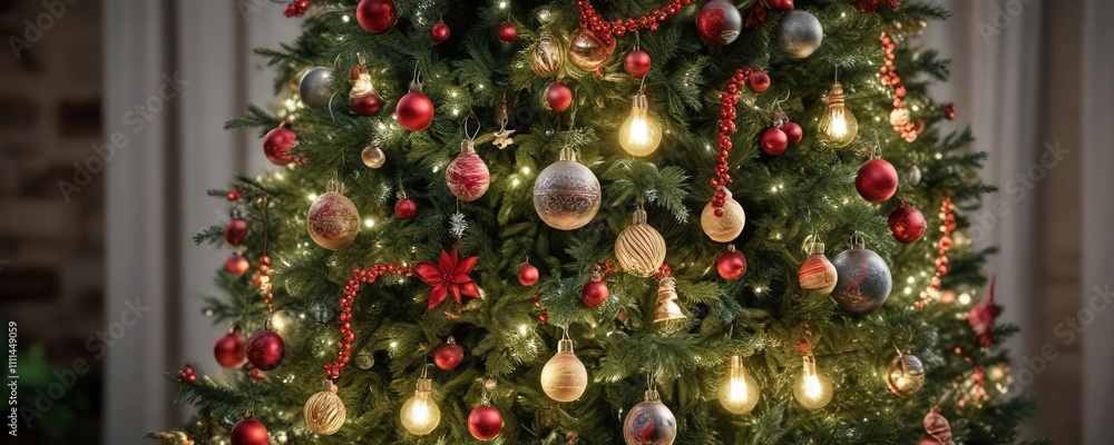 Garlands of Greenery and Ornaments on a Christmas Tree, merry atmosphere, seasonal decor, ornaments Garlands of Greenery and Ornaments on a Christmas Tree, merry atmosphere, seasonal decor, ornaments