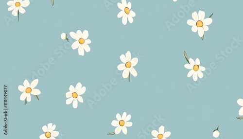 A light blue background adorned with scattered white daisies and yellow centers.