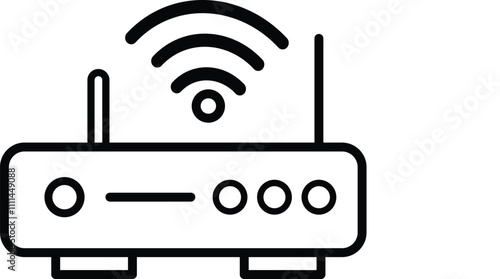 Wireless Router Line Art with Signal Waves, Black-and-white vector line illustration of a wireless router featuring dual antennas, signal waves, and control buttons, symbolizing internet connectivity 