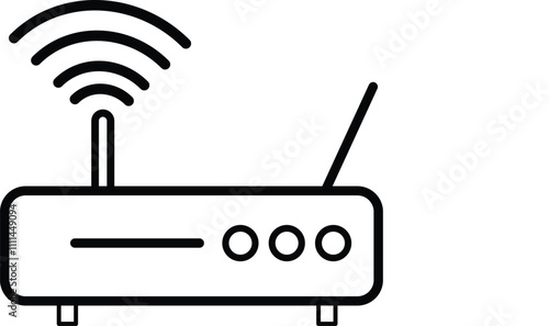 Wireless Router Line Art with Signal Waves, Black-and-white vector line illustration of a wireless router featuring dual antennas, signal waves, and control buttons, symbolizing internet connectivity 