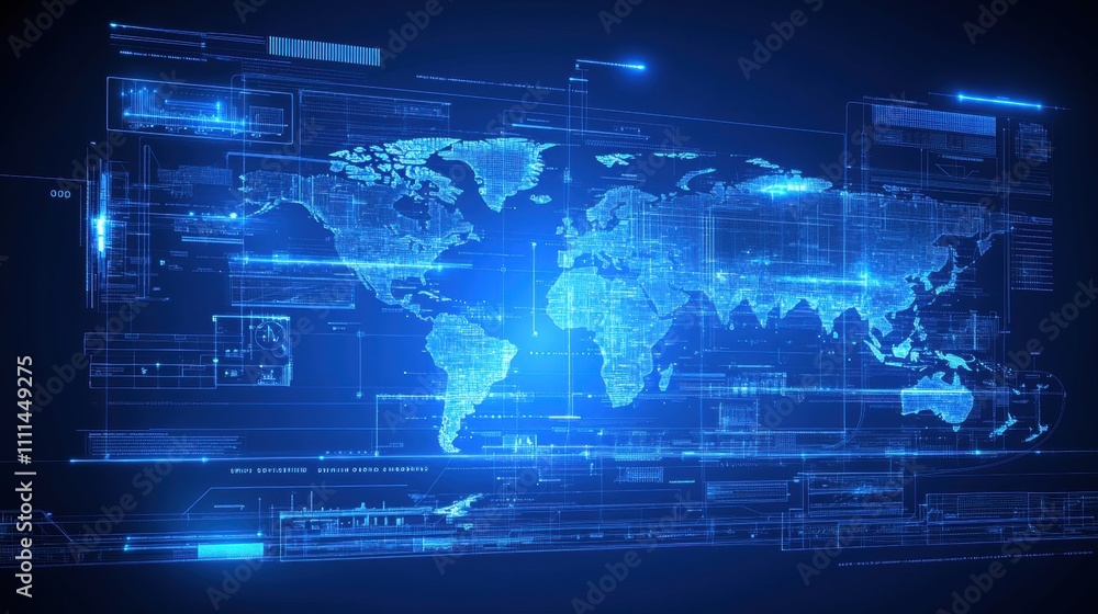 Futuristic Global Digital Network Concept Featuring a Blue World Map with Abstract Data and Technology Elements, Ideal for Technology and Innovation Themes Futuristic Global Digital Network Concept Featuring a Blue World Map with Abstract Data and Technology Elements, Ideal for Technology and Innovation Themes