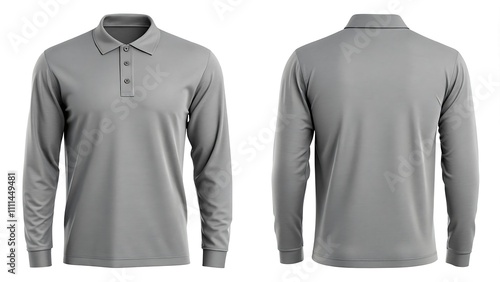 Blank 3D Grey Color Long Sleeve Polo T-Shirt Mockup Template Design Isolated on White Background