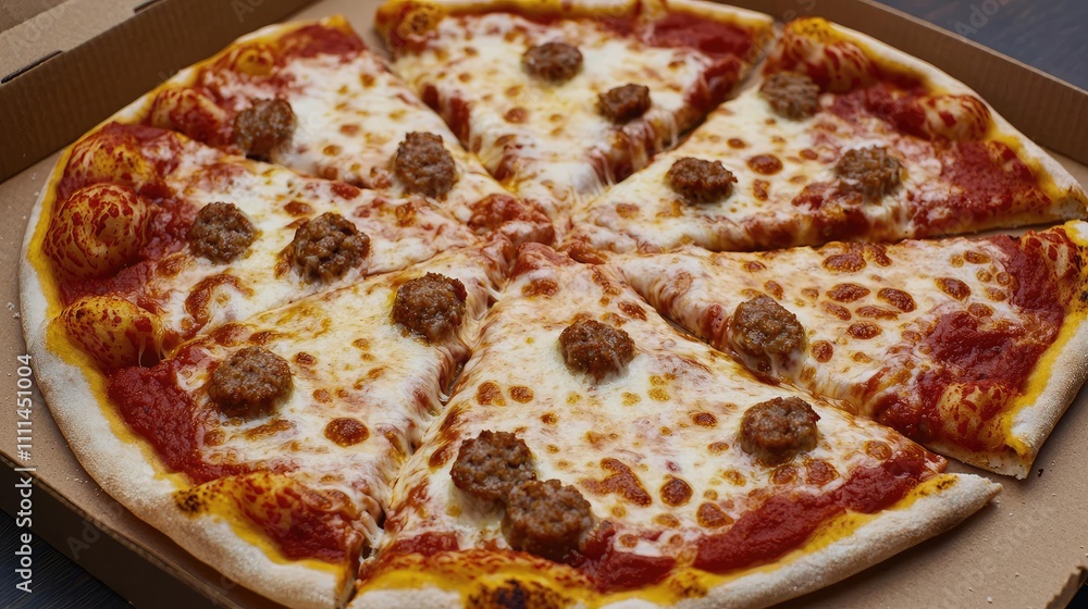 Delicious pepperoni pizza with cheese and sausage, freshly baked in a cardboard box. Delicious pepperoni pizza with cheese and sausage, freshly baked in a cardboard box.