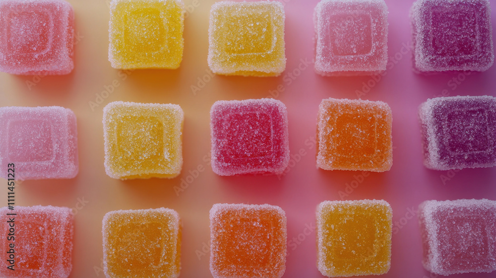 Colorful jelly cubes arranged in vibrant pattern, evoking sweetness Colorful jelly cubes arranged in vibrant pattern, evoking sweetness