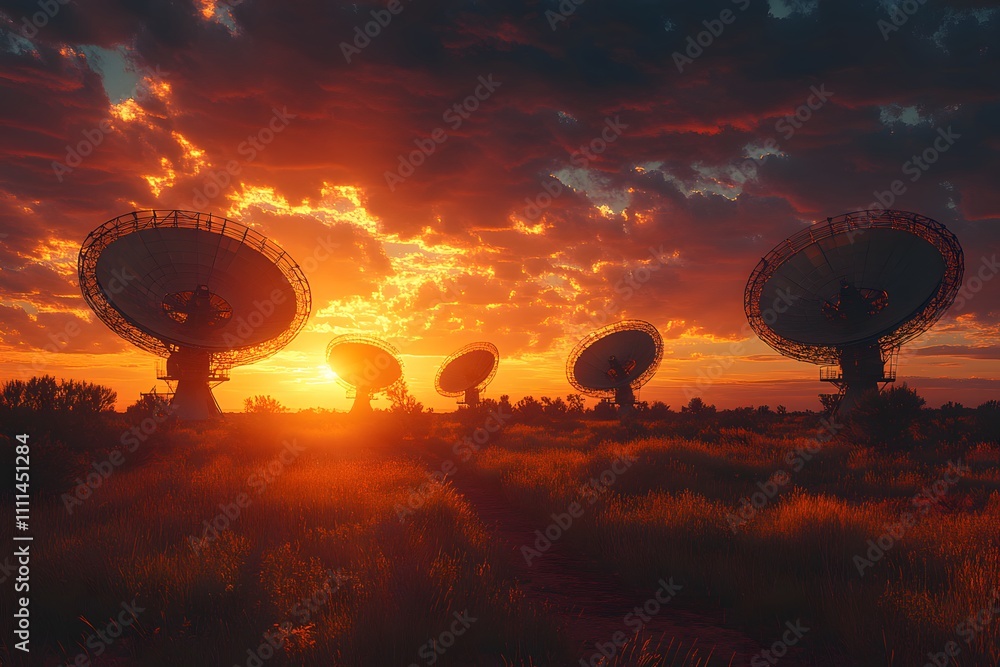 Silhouettes of four large radio telescope dishes against the backdrop of an evening sky with clouds, with one dish in focus and three more blurred behind it,
Silhouettes of four large radio telescope dishes against the backdrop of an evening sky with clouds, with one dish in focus and three more blurred behind it,