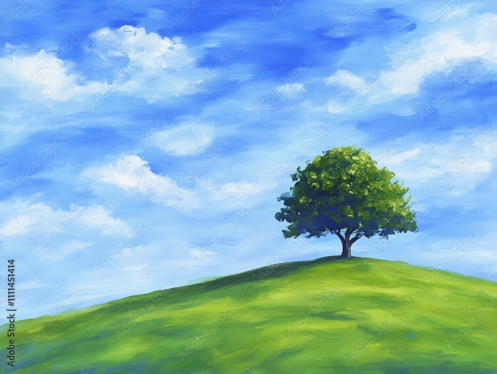 Lonely Tree on a Green Hill Under a Vast Blue Sky Scenic Landscape, -ai Lonely Tree on a Green Hill Under a Vast Blue Sky Scenic Landscape, -ai