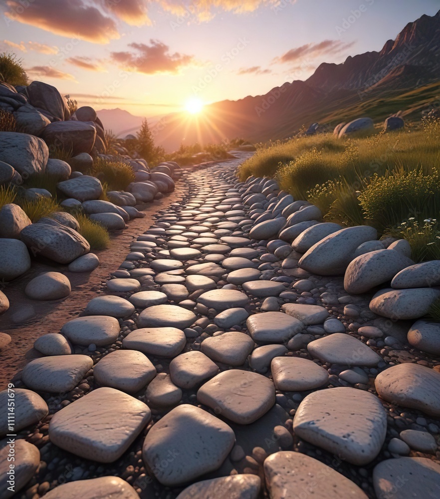 Fototapeta premium Mountain cobblestone path with smooth reflective stones in the foreground at sunset, cobblestone, atmospheric lighting, landscape photography
