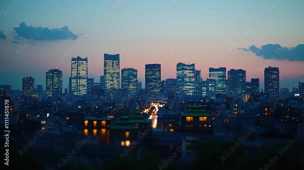 Fototapeta premium City skyline at dusk with illuminated buildings, soft pastel sky.