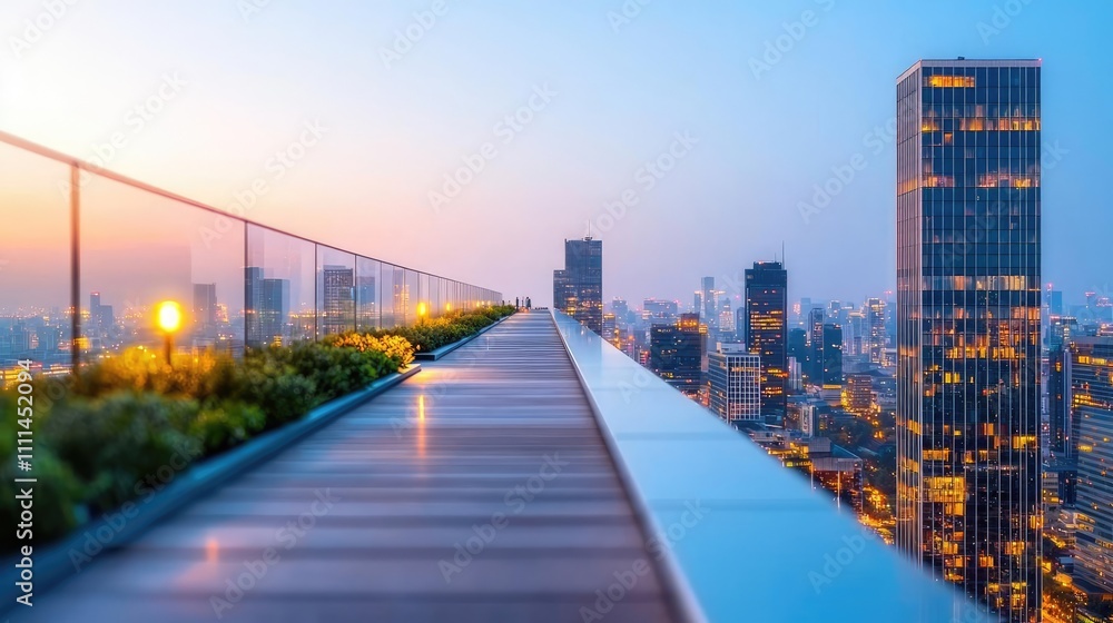 Obraz premium Stunning city skyline view from a rooftop with vibrant sunset lights.