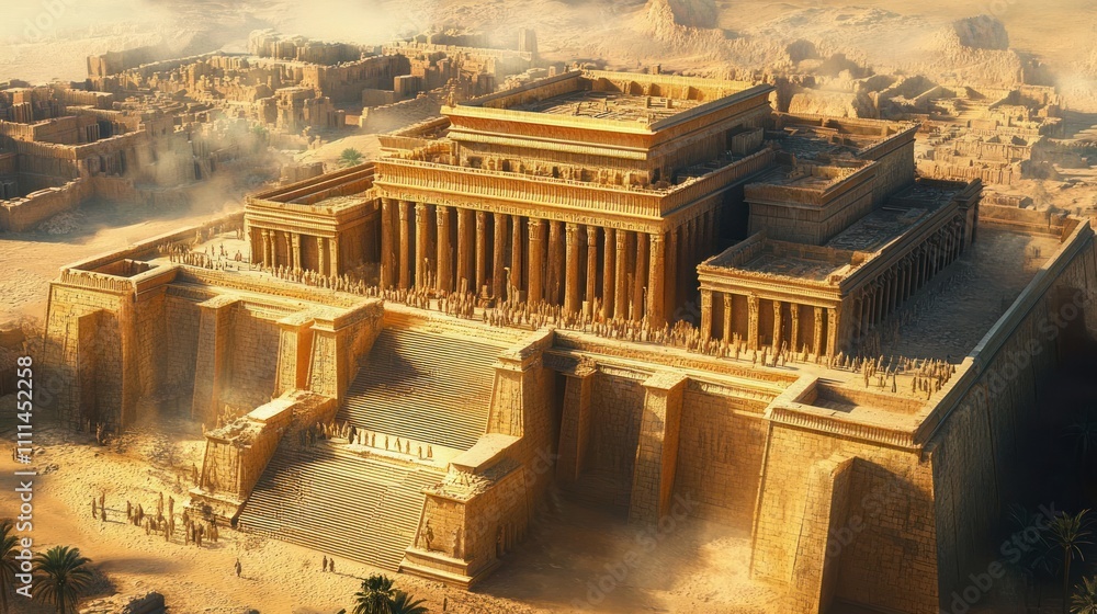 Fototapeta premium Ancient Temple of Jerusalem in Warm Sunlight with Grand Architecture and Desert Landscape