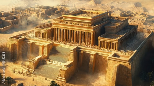 Ancient Temple of Jerusalem in Warm Sunlight with Grand Architecture and Desert Landscape