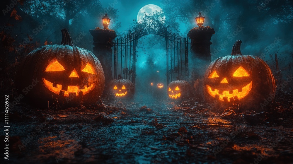 Spooky Halloween Scene with Glowing Jack O Lanterns at Eerie Gate in Foggy Night Landscape Spooky Halloween Scene with Glowing Jack O Lanterns at Eerie Gate in Foggy Night Landscape