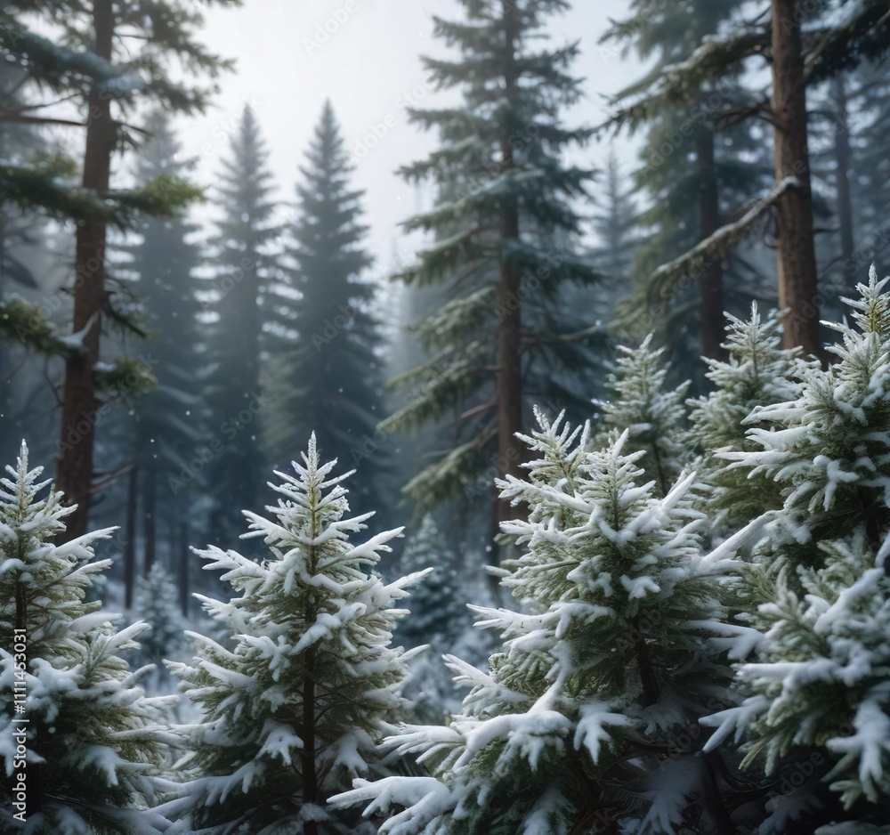 Obraz premium Snowflakes falling on the branches of a dense forest with tall evergreen trees, frosty, isolated, snowfall
