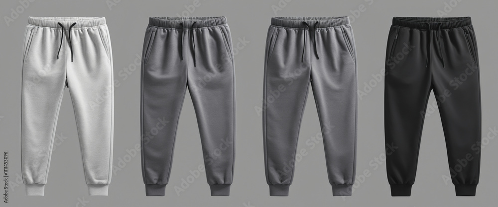 4 difference shades of dark grey gray, front back view sweatpants jogger sports trousers bottom pants on grey background 4 difference shades of dark grey gray, front back view sweatpants jogger sports trousers bottom pants on grey background