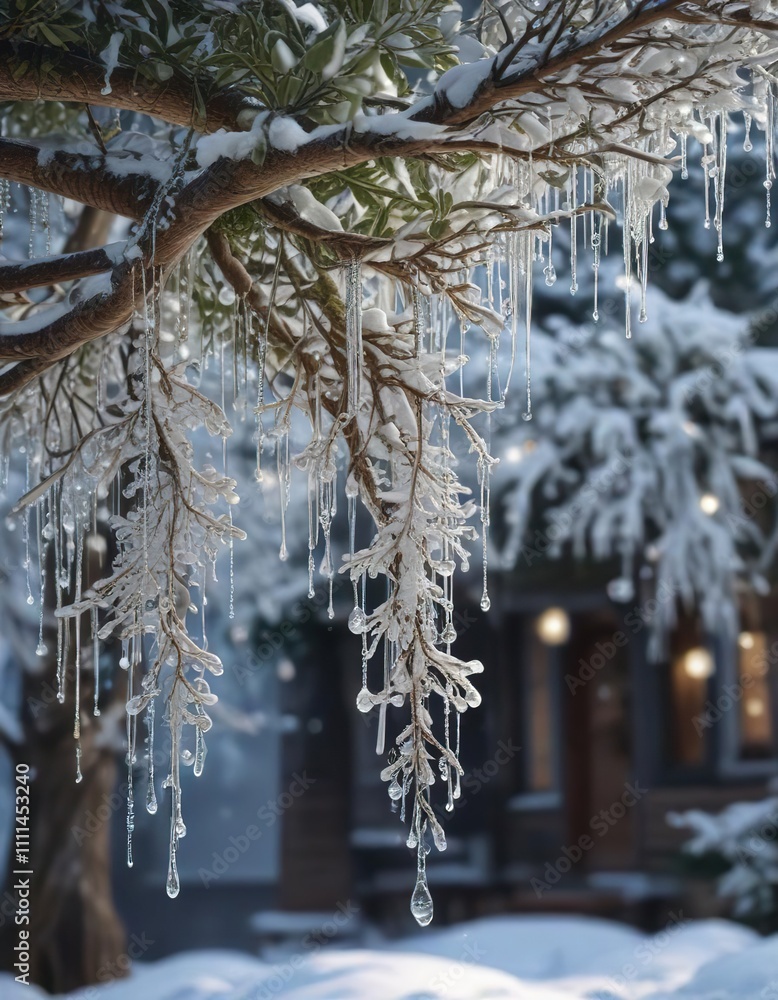 Snowy tree branches adorned with delicate glass ornaments and sparkling icicles, glass ornaments, frosted foliage Snowy tree branches adorned with delicate glass ornaments and sparkling icicles, glass ornaments, frosted foliage