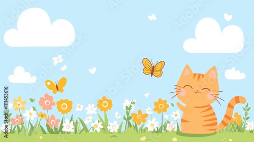 Cute Orange Cat Playing in a Colorful Flower Garden Under a Bright Blue Sky with Butterflies and White Clouds Illustrating Joy and Serenity