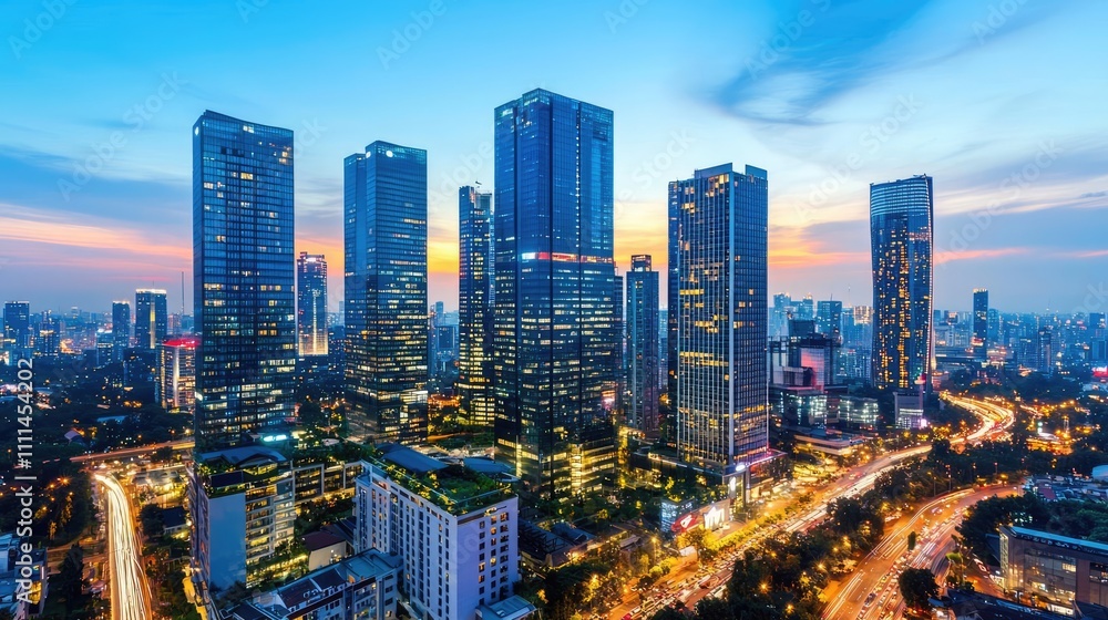 Obraz premium City skyline at dusk with skyscrapers and illuminated streets, vibrant colors.