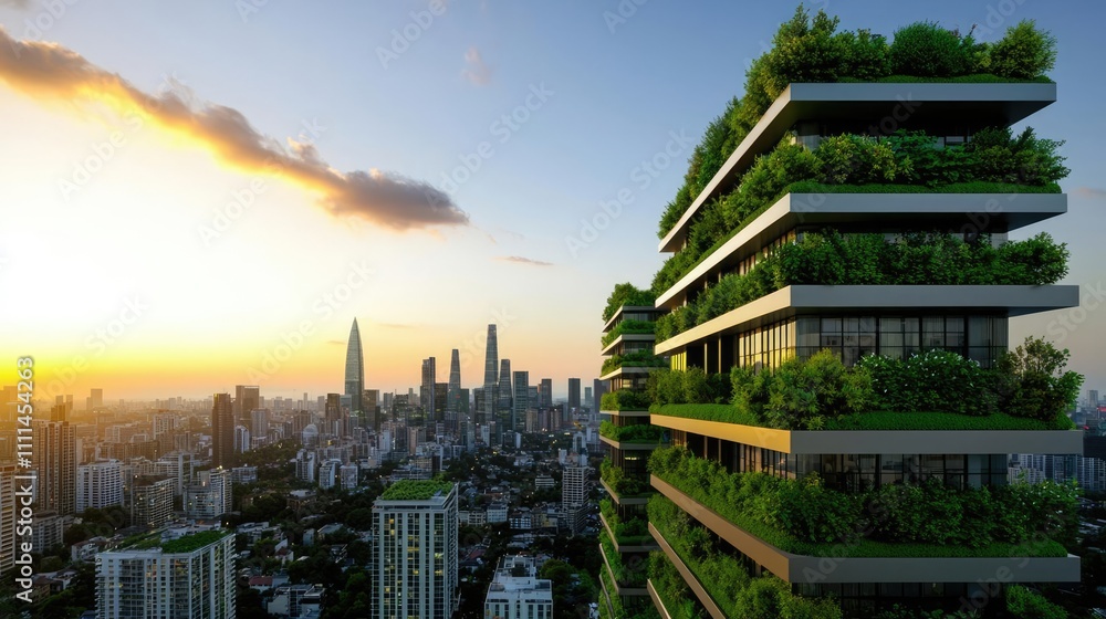 Obraz premium Modern architectural building with greenery against sunset skyline.