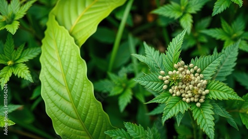 Tropical herb garden with many small seeds on curved bouquet and fresh green leaves of Nettle or Laportea Interrupta , botanical garden, garden flowers photo