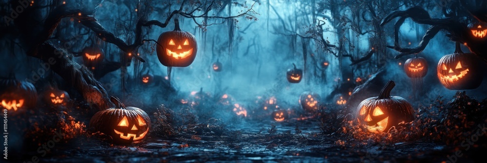 Obraz premium Spooky Halloween Scene with Glowing Jack O Lanterns in Dark Forest and Ghostly Lanterns