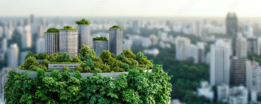 Fototapeta premium A green cityscape model with buildings surrounded by lush vegetation.