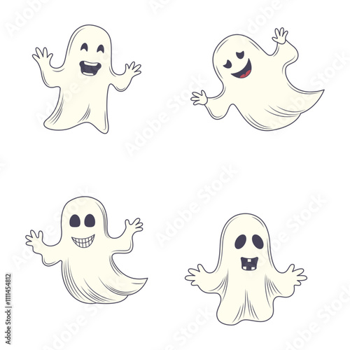 Set of Cute Scary Horrible Ghost Horror Cartoon Character Wearing White Cloth