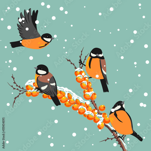 sea buckthorn, tree branch with berries in winter with snow and great tit birds at blue sky background, hand drawn illustration