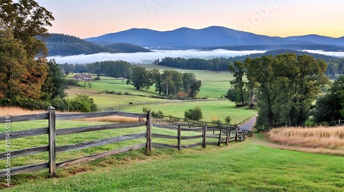 Rural Landscape with Foggy Mountains and Wooden Fence