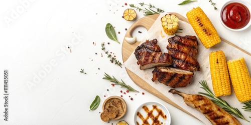 Watercolor-style BBQ food on isolated white background with delicate brushstrokes and soft colors, outdoordecor, whitebackground photo