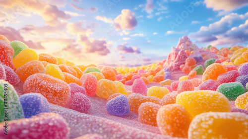 vibrant landscape of oversized gummy candies under colorful sky