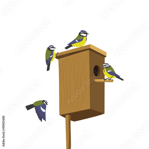 vector drawing wooden birdhouse and blue tit birds, nesting boxes isolated at white background, hand drawn vector illustration