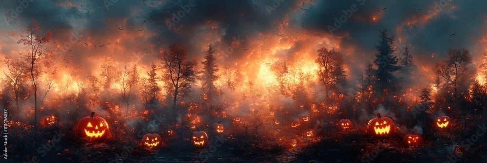 Halloween Landscape Wallpaper with Jack O Lanterns and Eerie Trees at Night Halloween Landscape Wallpaper with Jack O Lanterns and Eerie Trees at Night