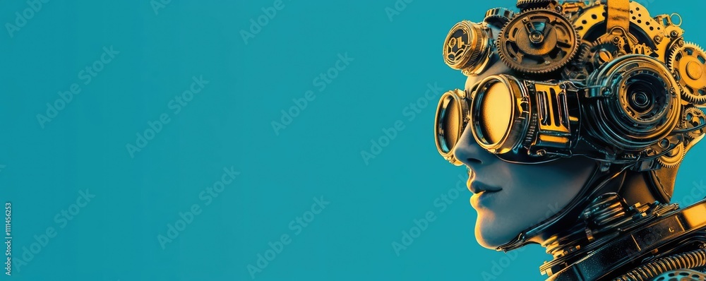 Futuristic robotic figure with gears and goggles, teal background. Futuristic robotic figure with gears and goggles, teal background.