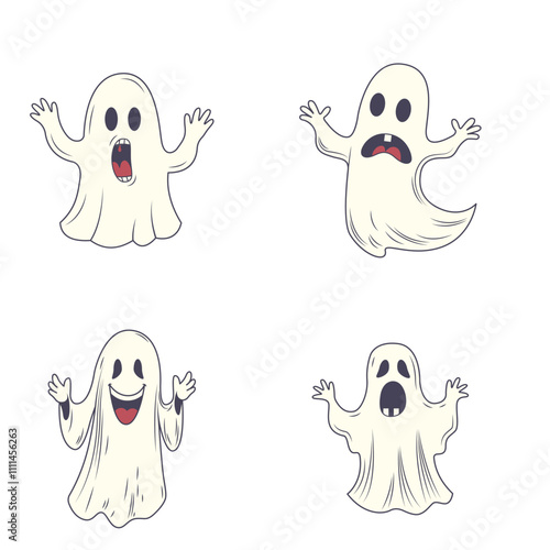 Set of Cute Scary Horrible Ghost Horror Cartoon Character Wearing White Cloth
