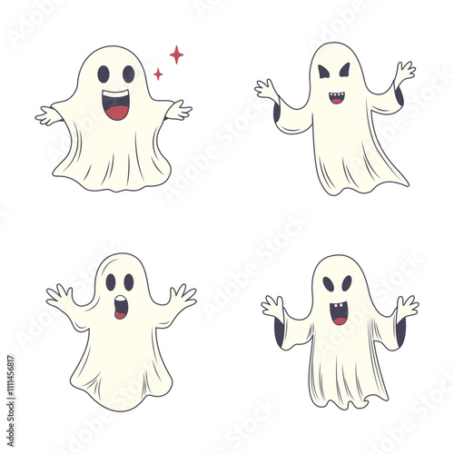 Set of Cute Scary Horrible Ghost Horror Cartoon Character Wearing White Cloth
