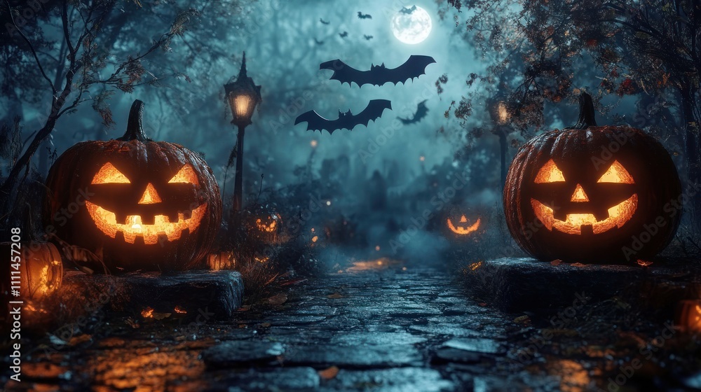 Spooky Halloween Night Landscape with Carved Pumpkins Bats and Fog Spooky Halloween Night Landscape with Carved Pumpkins Bats and Fog