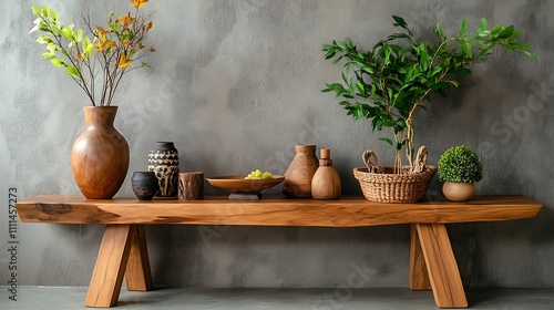 Rustic Wooden Console Table Decor: Autumnal Still Life Arrangement Against a Concrete Wall AI Generated