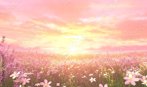 A serene landscape with a vibrant sunset over a field of flowers.