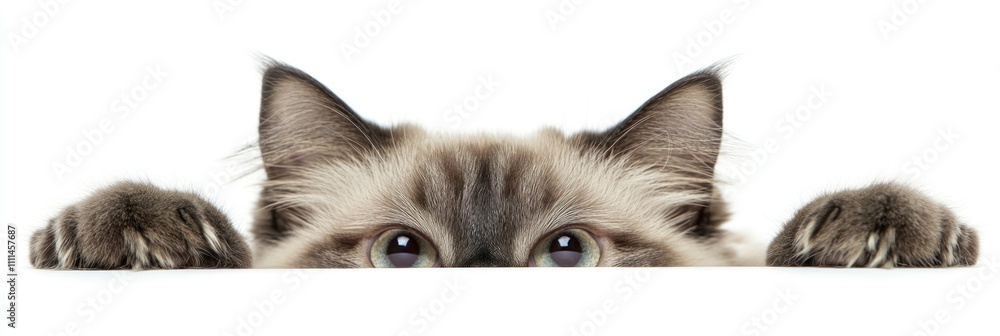 A curious cat peeking over a surface with its paws and wide eyes. A curious cat peeking over a surface with its paws and wide eyes.