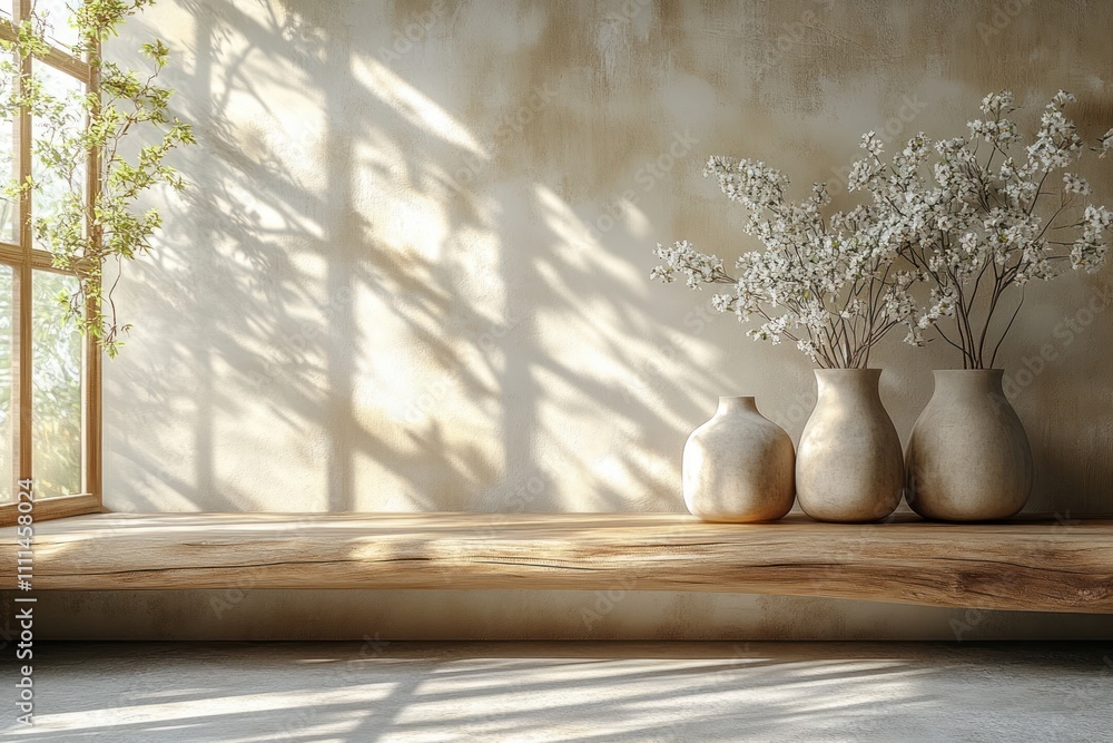 Scandinavian minimalist interior scene with wooden shelf elegant vases soft natural light Scandinavian minimalist interior scene with wooden shelf elegant vases soft natural light