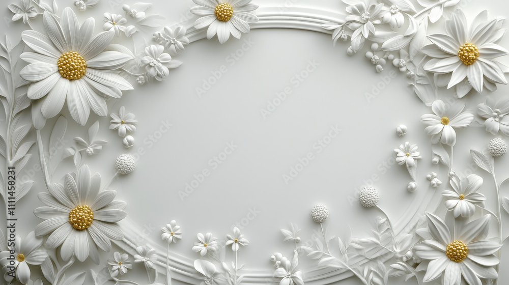 Elegant oval frame with embossed daisies and floral patterns Elegant oval frame with embossed daisies and floral patterns