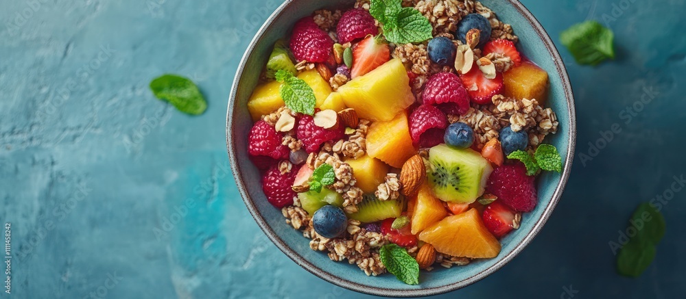 A bowl of granola, fruit, and nuts on a blue background. A bowl of granola, fruit, and nuts on a blue background.
