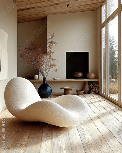 Serene Modern Living Room with Sculptural Lounge Chair and Natural Wood Flooring in Scandinavian Minimalism Style photo